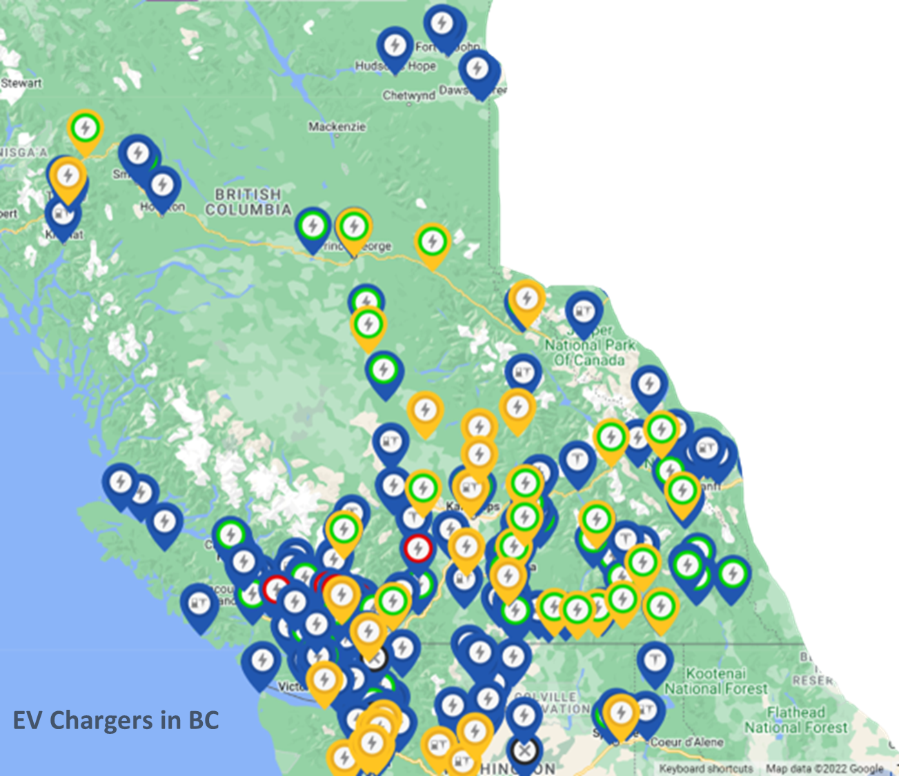 electric vehicle charging map for British Columbia